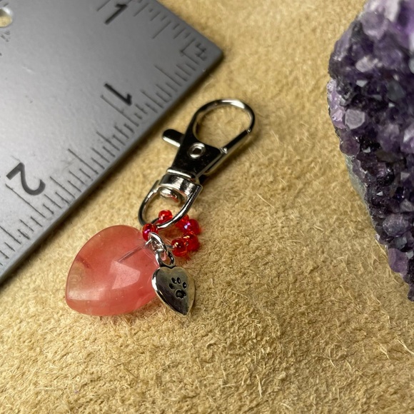 Natural Strawberry Quartz Crystal Charm With Love My Cat Charm Keychain - Picture 12 of 15